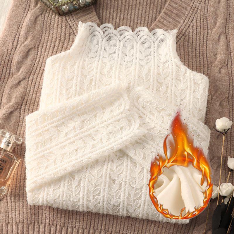 Brushed Lace High-Neck Mesh Top for Women - Trendy Autumn/Winter Layer