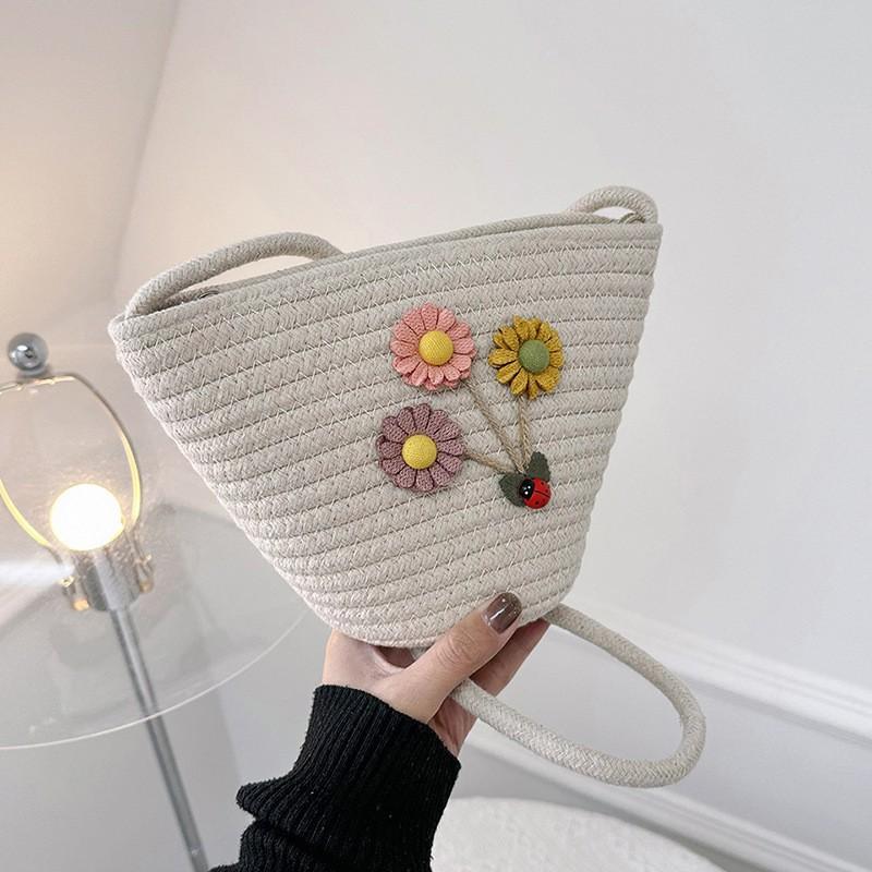 

Clear Mini Bucket Bag One-shoulder Crossbody Foreign Flavor Cotton Thread Beach Vacation Girl s Flower білий