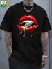 Men's Black Cotton T-Shirt with Red Lips Diamond Print – Casual Summer Tee for Unisex T-Shirt