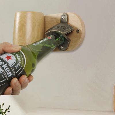 Retro Flasköppnare Väggmonterad Ölöppnare med Träbas DIY Ölöppnare Bar Hemdekoration Korkskruv Verktyg