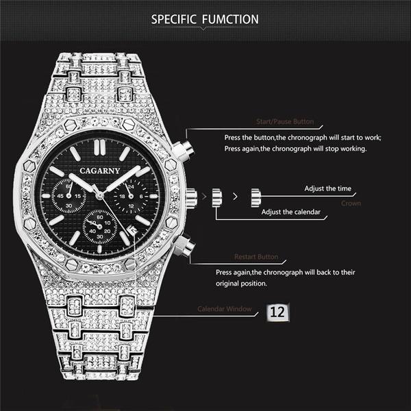 Voller Bling Diamant Uhr für Männer Hip Hop Iced Out Herren Uhren Luxus Quarz Uhr Mann Wasserdicht Chronograph Montre Homme