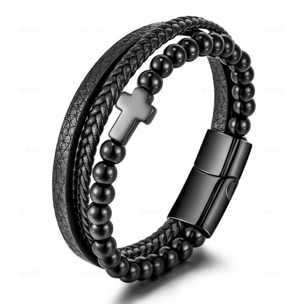 Stainless Steel Natural Tiger Eye Agate Cross Bracelet Men's Titanium Steel Multi-layer Woven Leather Bracelet