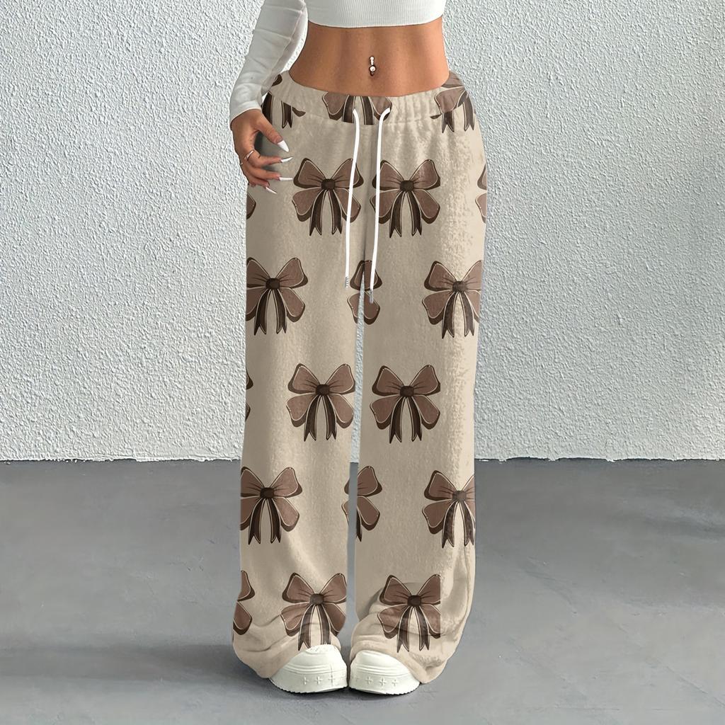 Women's Casual Fashion Printed Elastic Waist Loose Straight Leg Pants With Rope