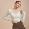 Yomoment Mesh Faux Layered Bra Top with Long Sleeve Yoga Shirt Top Cups,