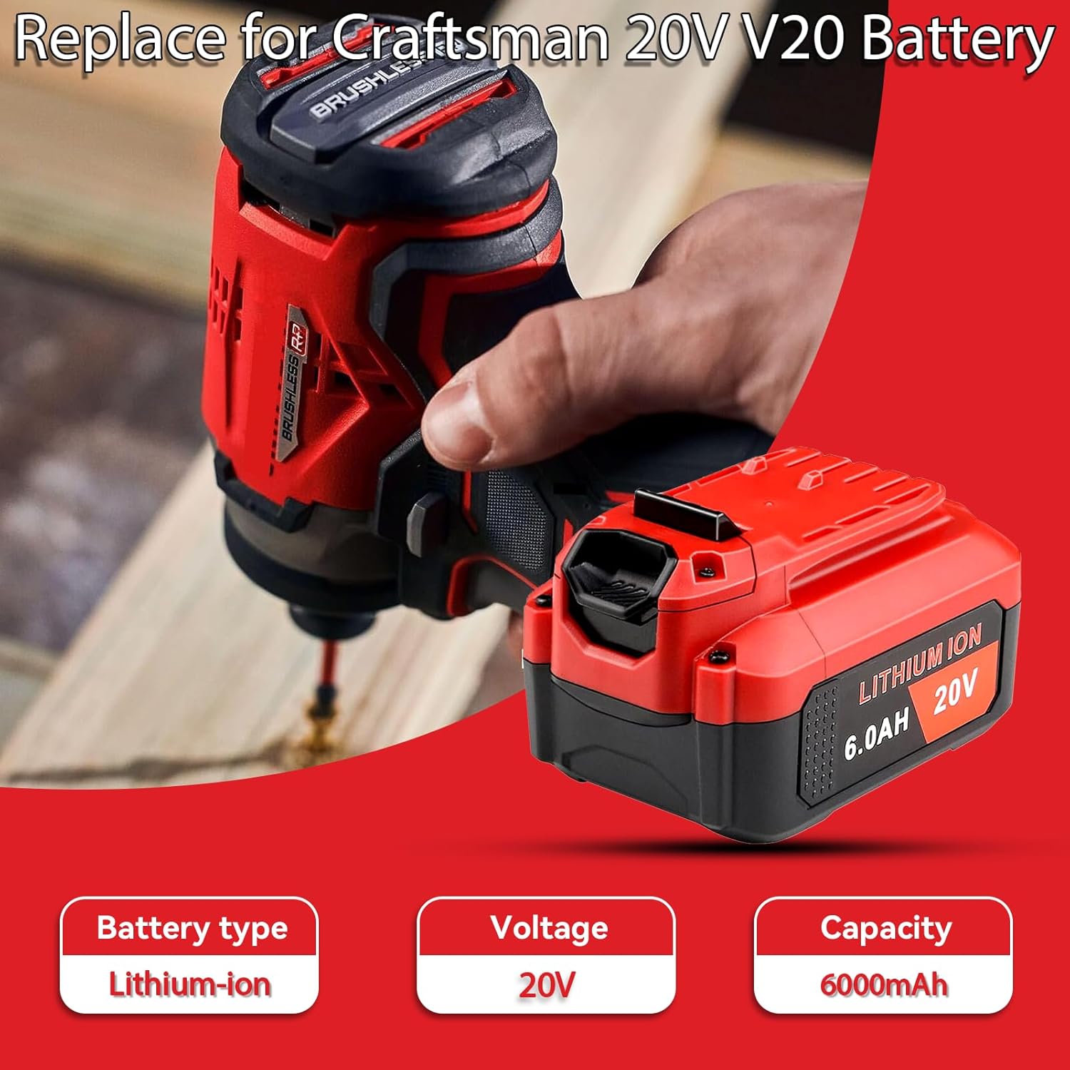 Литиевая батарея V20 20В: Замена для Craftsman 20V CMCB204 CMCB202 CMCB201 Беспроводные дрели - Аккумуляторный блок 6 Ач 20 Вольт Макс.
