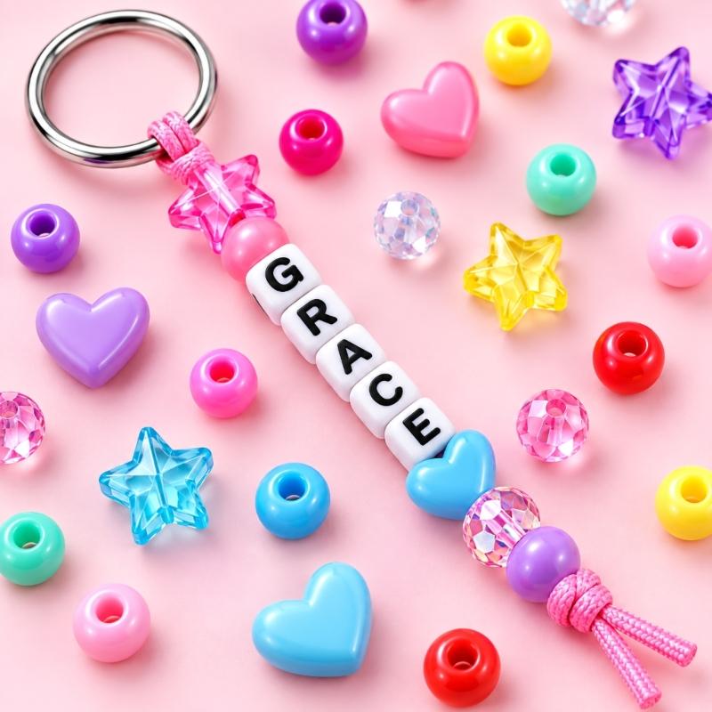 DIY Beaded Keychain Craft Kit, 566-Piece Set with Letter Beads, Cords and Metal Key Rings for Personalized Name Designs