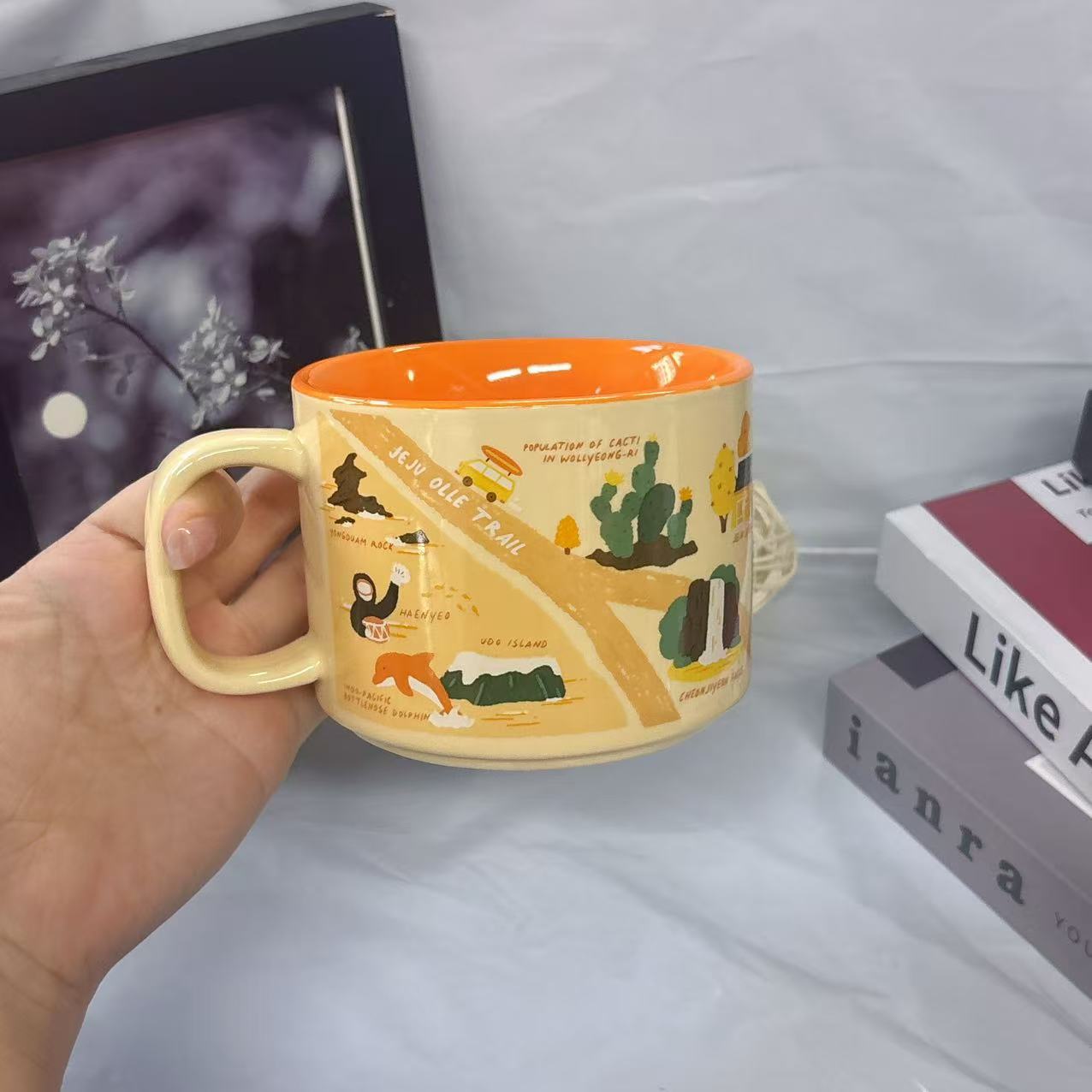 Starbucks Jeju Travel Mug, 355ml Vibrant Map Print Ceramic Cup with Orange Interior 355ML