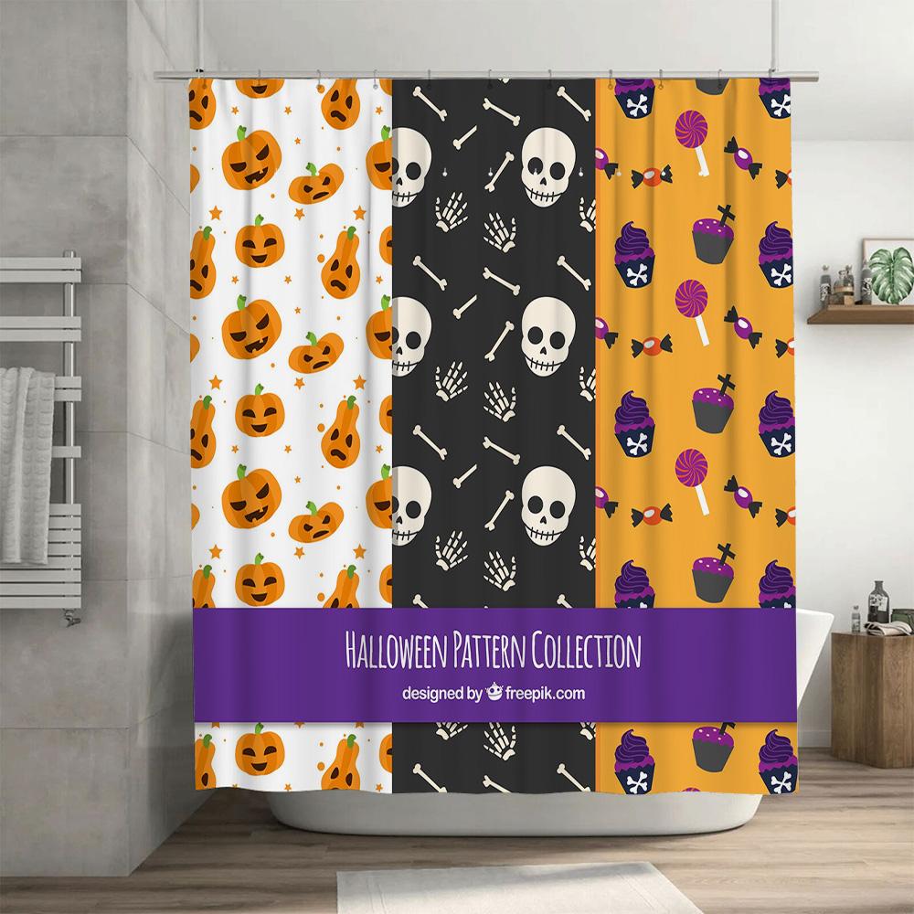 Halloween Pattern Collection Shower Curtain Trick or Treat Pumpkin Skull Candy Cupcake Decorative Waterproof Bath Mat with Pom P