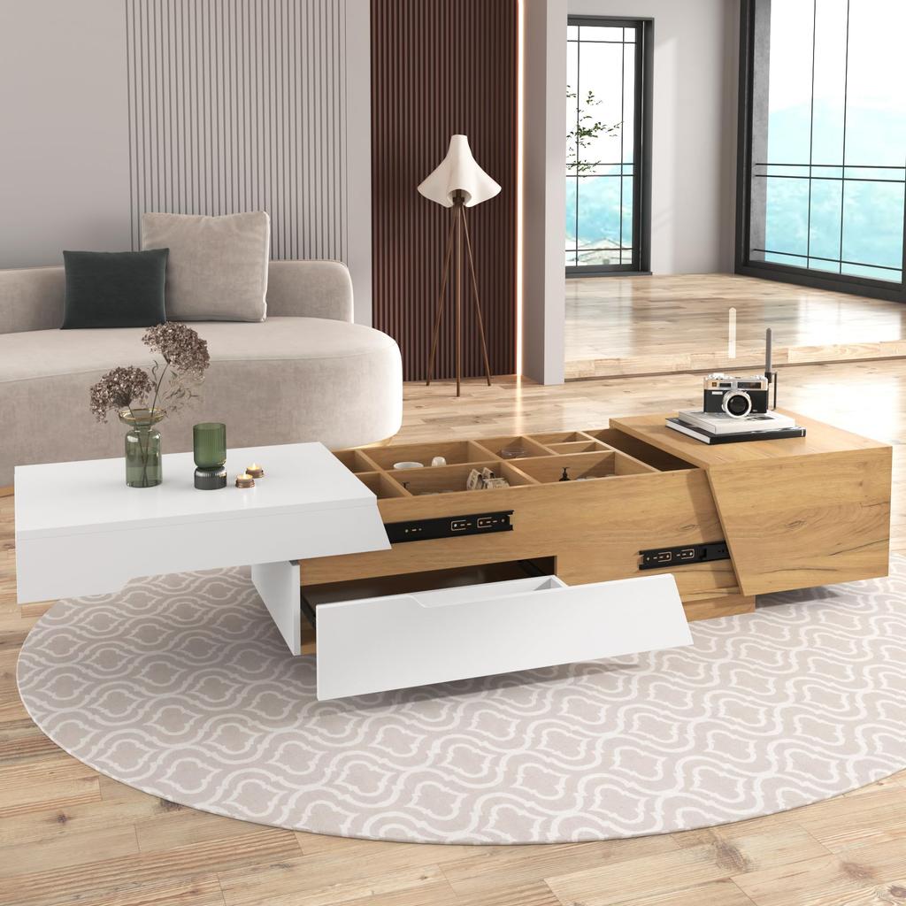 Ausziehbarer Couchtisch 120x50x37,5 cm, mit Schubladen, Beistelltisch mit Schiebemechanismus, für Wohnzimmer, Weiß+ Holzfarbe