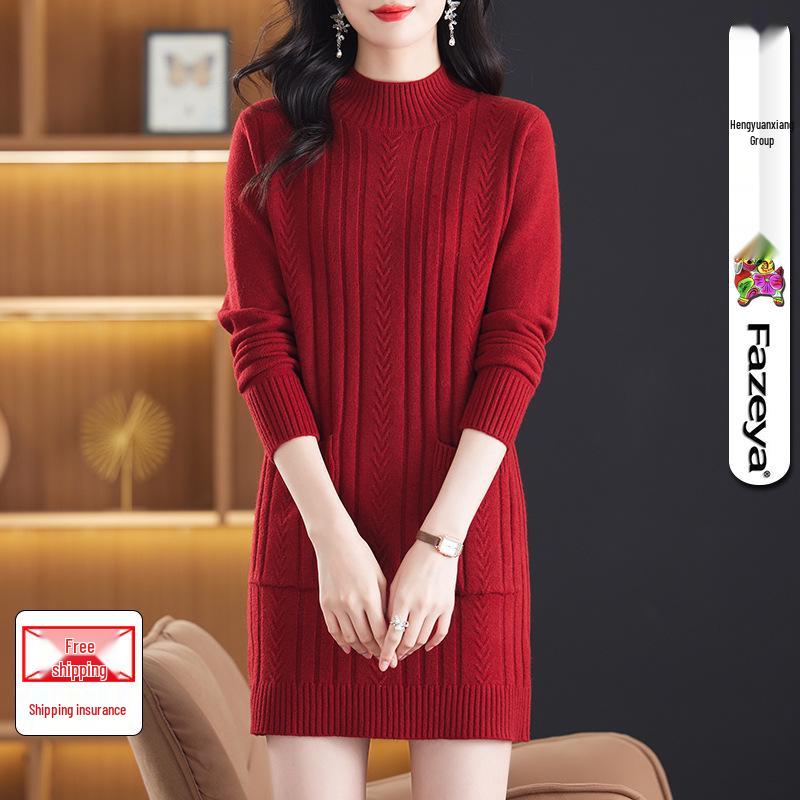 

Женское шерстяное платье-водолазка средней длины Hengyuanxiang для осени/зимы Extra Large 115 красный