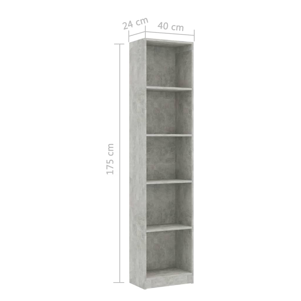 5 Shelf Bookcase Concrete Grey 40 x 24 x 175 cm Engineered Wood