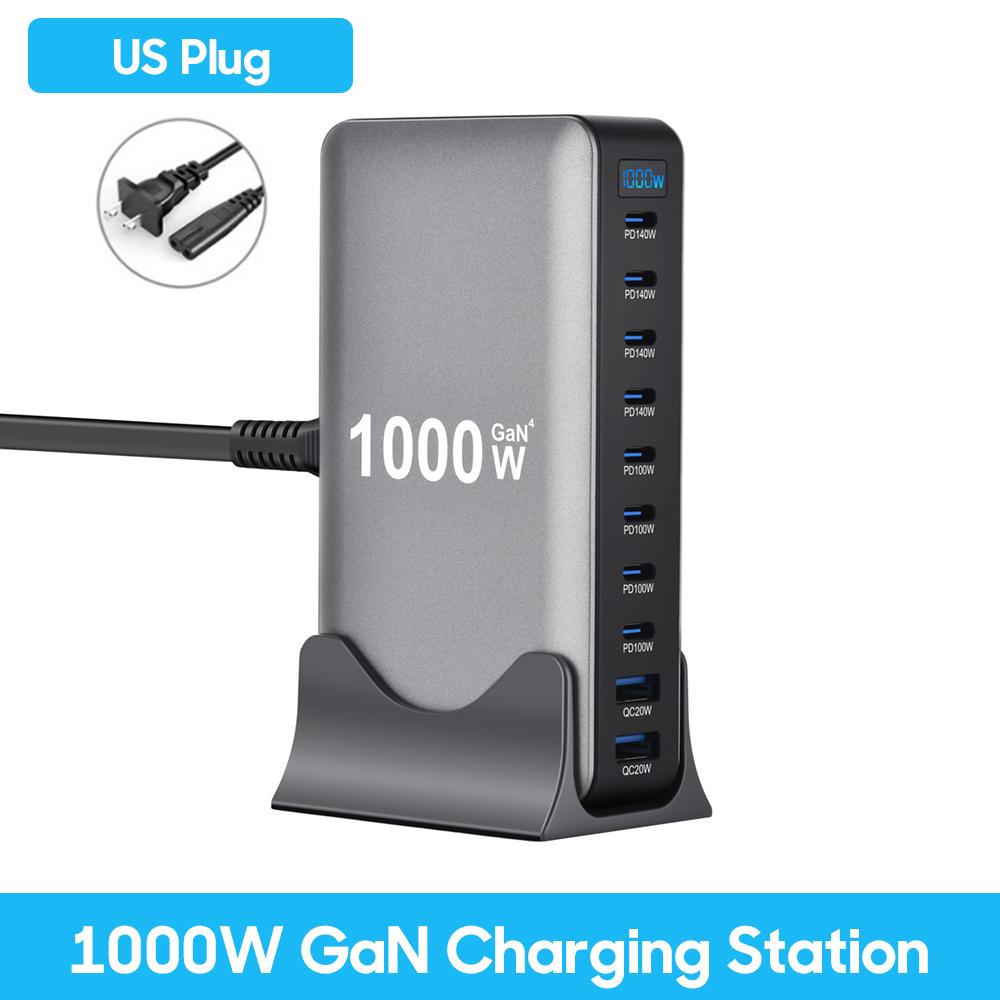 

800W GaN Charger USB C Fast Desktop 10-port USB Type C PD3.1 Charger Fast Charging for 16 15 14 Samsung S24 Laptop 1000W US Plug