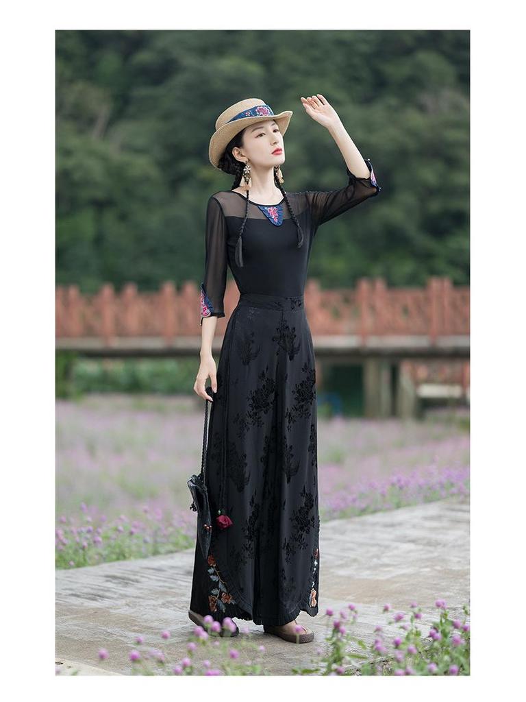 Women's Ethnic Style Wide-Leg Pants: Draped, Embroidered Waist, Retro Casual Design