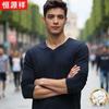 Hengyuanxiang Men's V-Neck Long Sleeve Mulberry Silk Blend T-Shirt