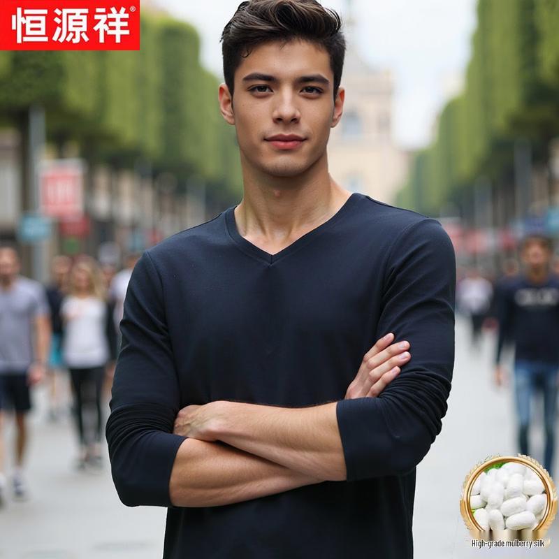 Hengyuanxiang Men's V-Neck Long Sleeve Mulberry Silk Blend T-Shirt