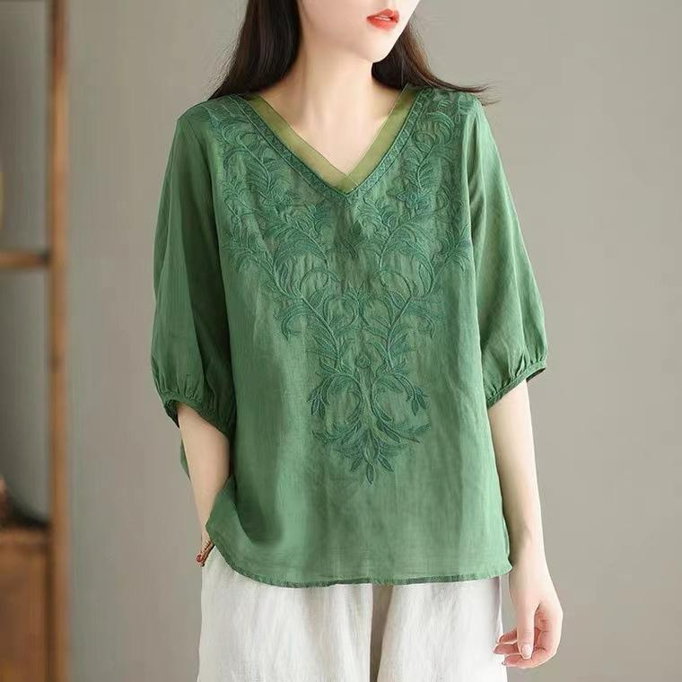 Solid Color Cotton and Linen Mid-sleeved Shirt Women's Summer V-neck Heavy Industry Embroidery Casual All-match Thin Cotton and Linen Shirt