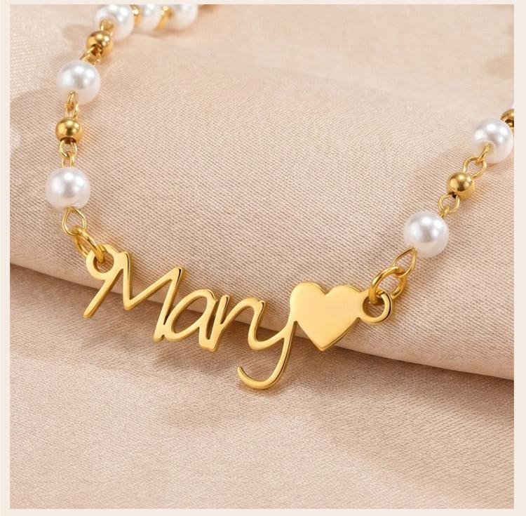 Customized Pearl Name Bracelet Waterproof Stainless Steel Personalized Script Nameplate Adjustable Chain