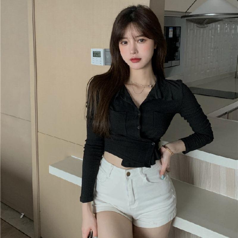 Pletený kardigan tričko dámské jarní tenké se základním tričkem bílé vnější s krátkou slim-fit košilí s dlouhým rukávem
