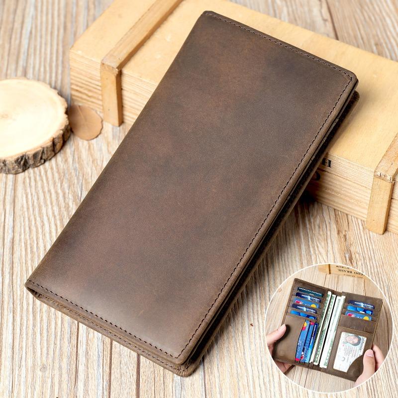 Portamonete Vintage in Pelle da Uomo in Pelle Bovina di Primo Strato Borsa da Raccolta Multi-card Portafoglio Lungo da Uomo