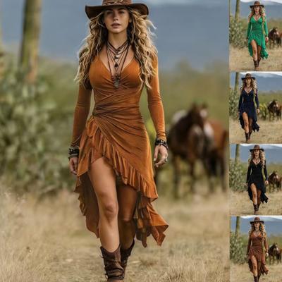 Women's V Neck Long Sleeve Asymmetric Hem Ruched Midi Dress Casual Bodycon Boho Dress