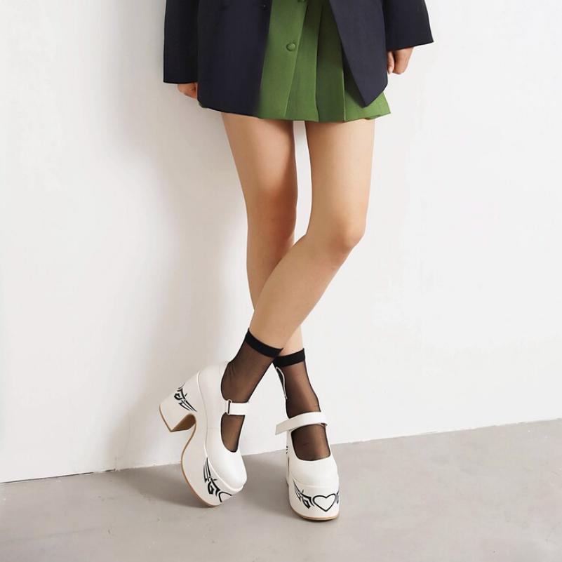 FOREADA Women Pu Leather Pumps Super High Hoof Heels Round Toe Mary Janes Buckle Party Concise Spring Autumn Shoes White Silver