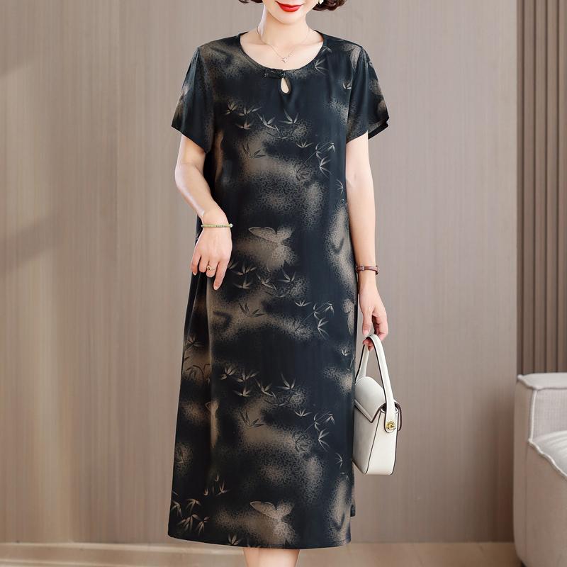 Elegant Long Dresses for Women Plus Size Loose Short Sleeve Vintage Dress Summer Middle-aged Women's Clothing