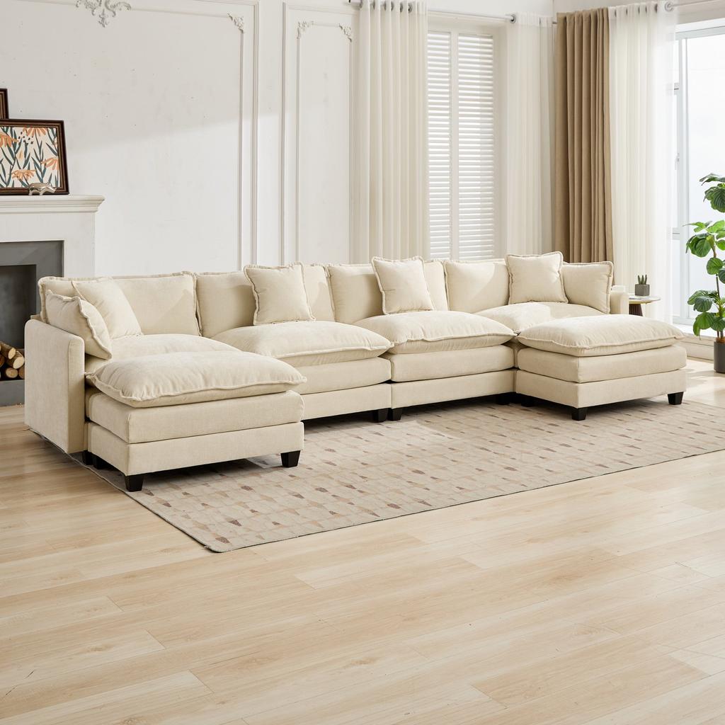 Cloud Sofa 4 Seats (Ottoman is not included), for Living Room and Apartment, Double Layer Seat Cushion, Breathable Chenille Fabric,Beige,DE5014BG