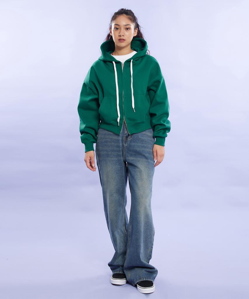Cream Soda Lab Plain All Season Two-Way Crop Zip-Up Hoodie Green