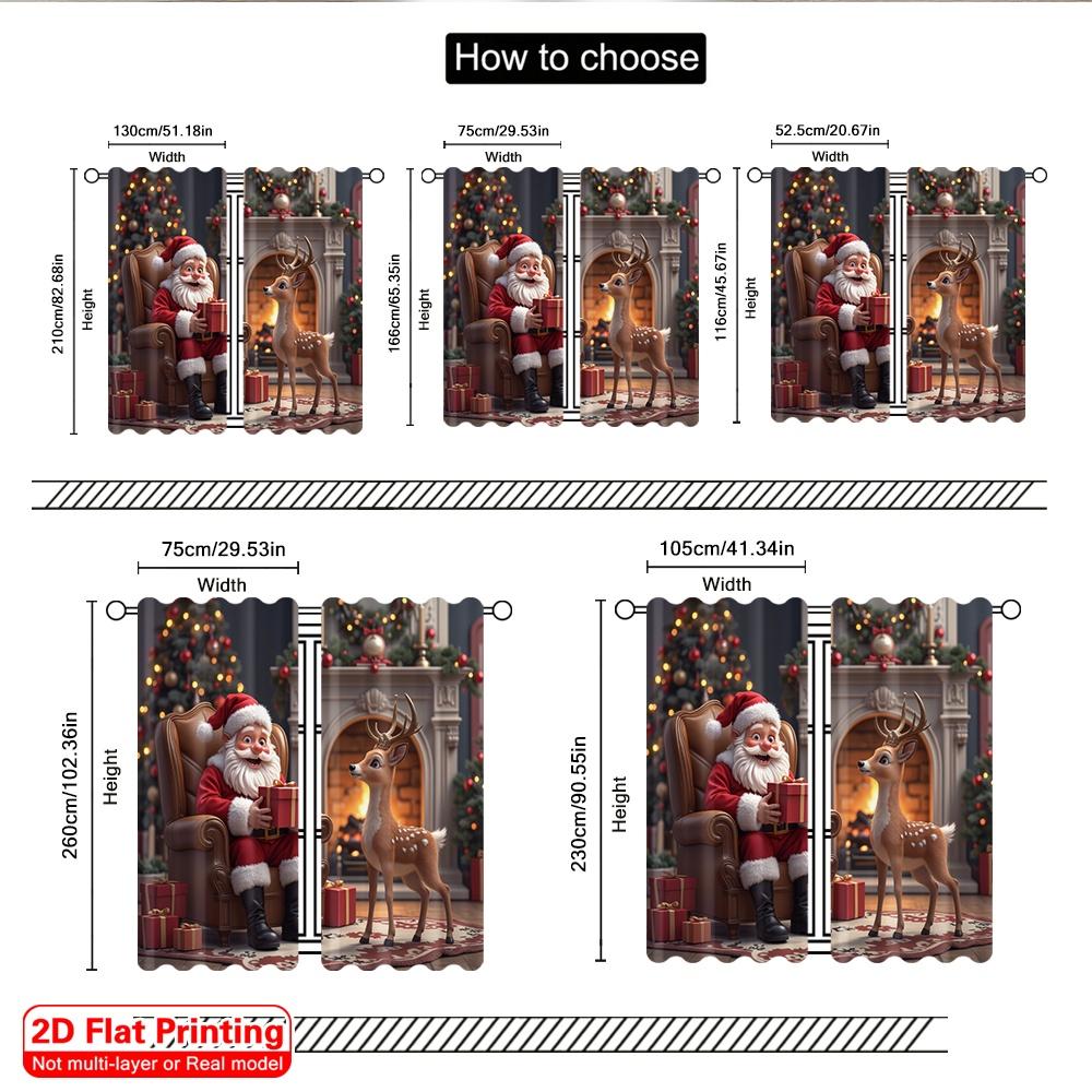 2pcs 2D Flat Printing Merry Christmas Curtain Santa Claus Deer Christmas Fireplace Fabric Without Electricity Festive Wall Decor