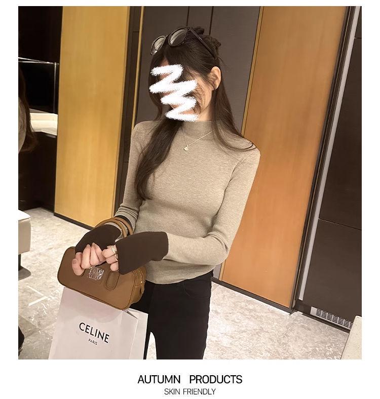 Korean Color Block Slim Fit Women's Knitwear - Autumn/Winter Long Sleeve Semi-High Neck Sweater