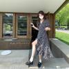 New gentle black summer dress Mori female French Hepburn style coffee break dress cold wind fishtail floral sweet dress