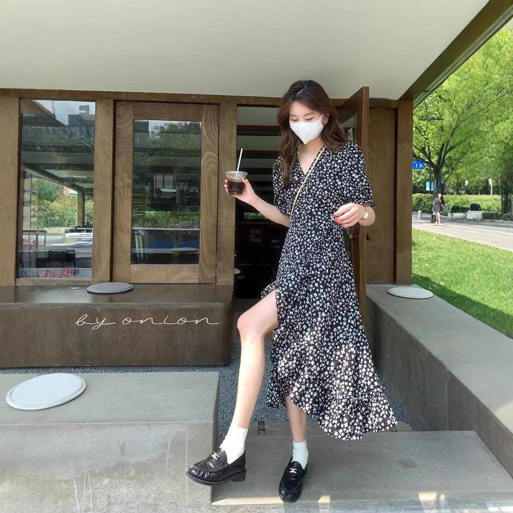 

New gentle black summer dress Mori female French Hepburn style coffee break dress cold wind fishtail floral sweet dress S чёрный