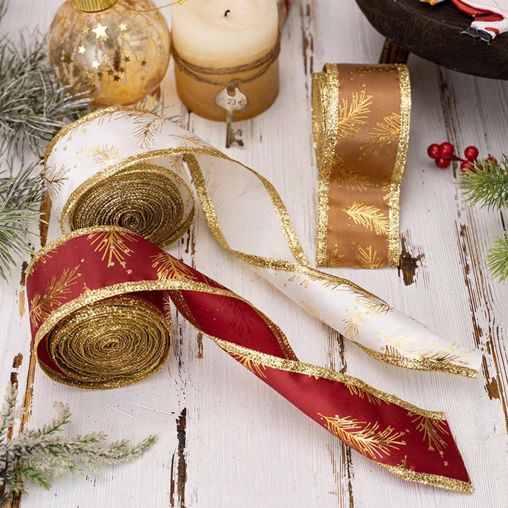 1Pc 5M Christmas Ribbon with Iron Wire Glitter Gold Leaf Printed Christmas Decoration DIY Craft Bow Gift Packing Party Decor