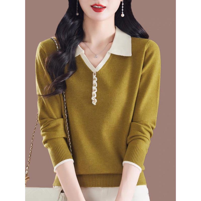 Women's Korean Style Long Sleeve Polo Collar Knit Top - Spring/Autumn Fashion Sweater T-shirt