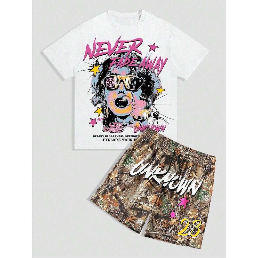 Men's Round Neck Casual Summer T-shirt with Cartoon Characters and Letter Patterns, Short Sleeves and Drawstring Shorts