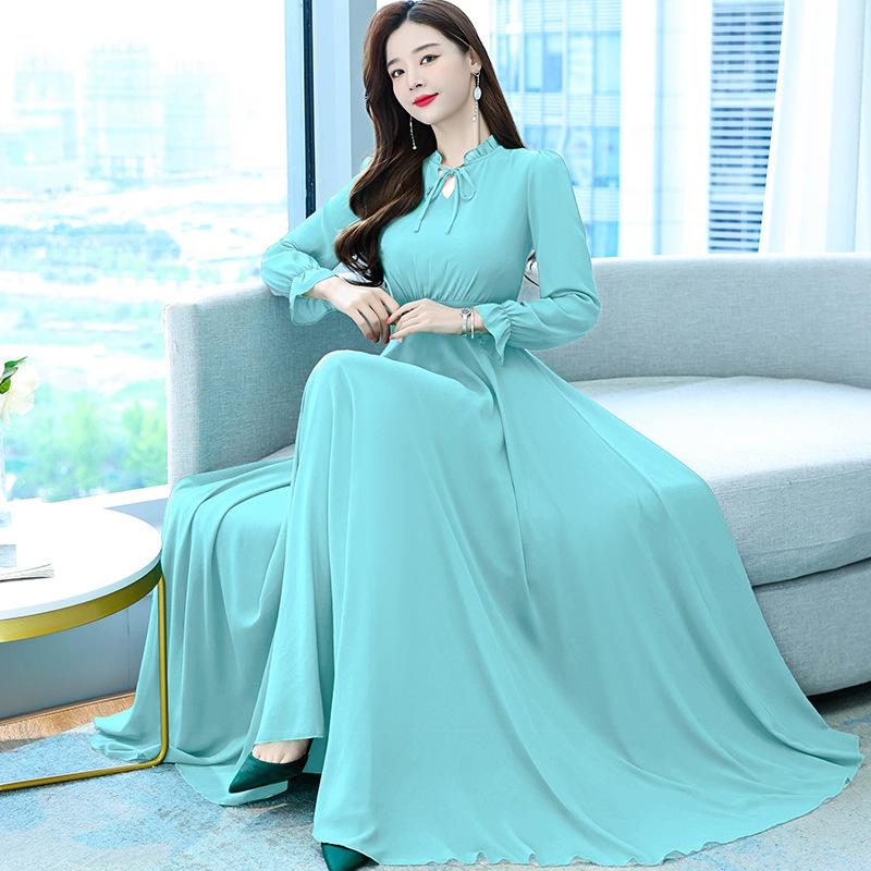 Women's Spring Summer and Autumn Four Seasons Models of Solid-coloured Tie Waist Thin Temperament Chiffon Swing Dress Long-sleeved Dresses
