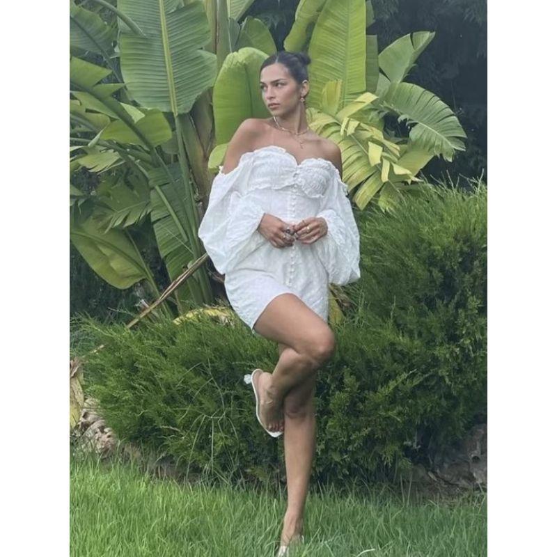 off-Shoulder Retro Temperament Square Collar Lace Dress Breasted