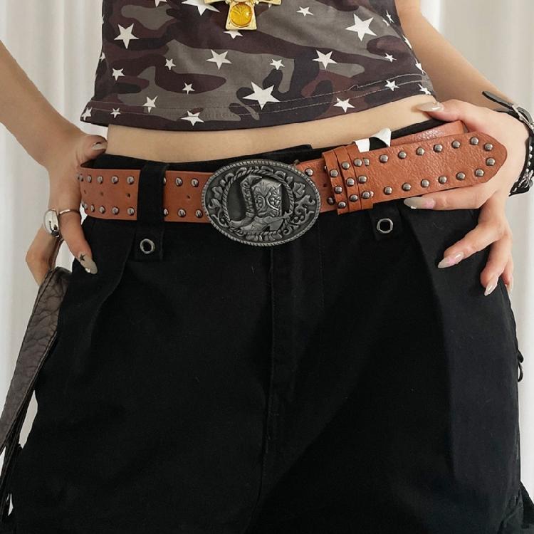 Punk Rock Women's Adjustable Waist Belt Embossed Design Metal Studs Cowgirl PU Leather Strap