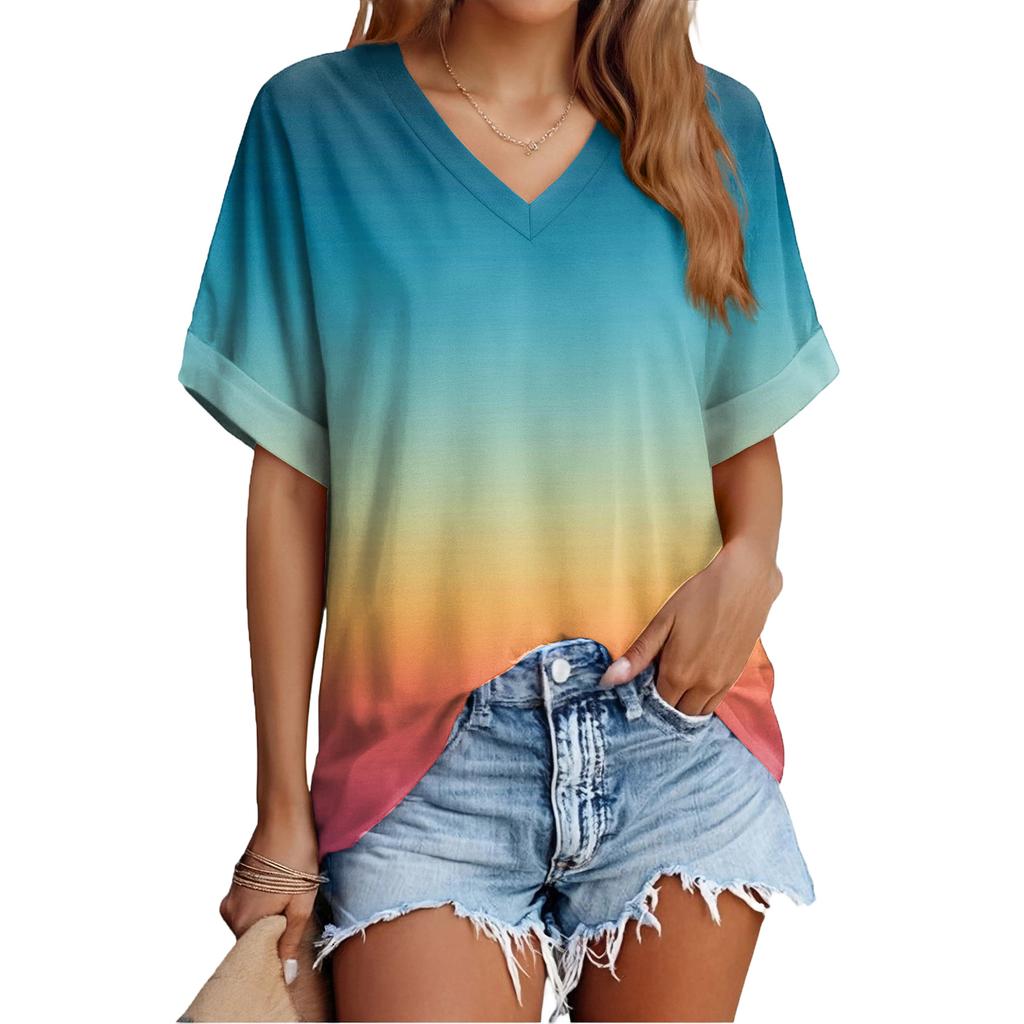 Women's Fashion Casual Everyday Versatile Gradient Print Slim-Fit Summer Short-Sleeve Top