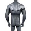 Men's Sexy One-Piece Elastic Lingerie Fishnet Gay Long-Sleeved Hip Tights V Neck Black Erotic Clothes