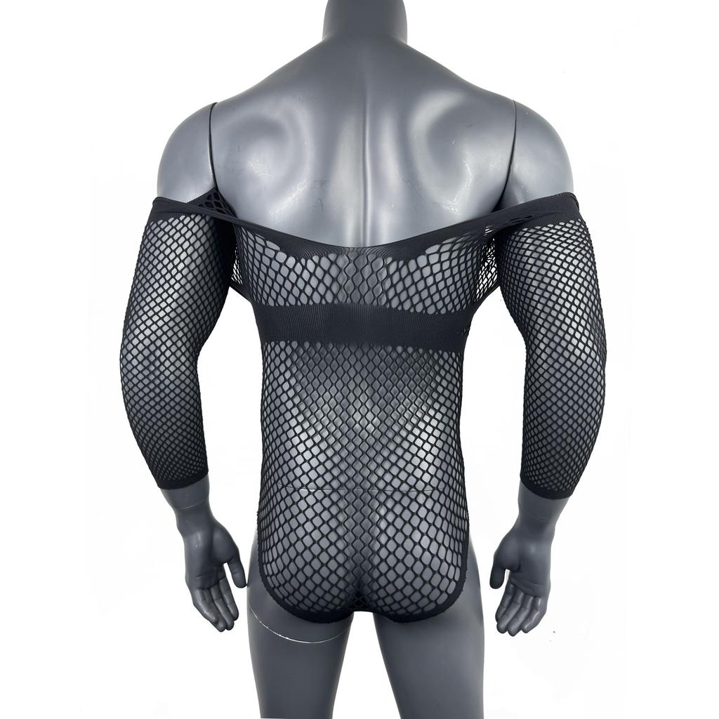 Men's Sexy One-Piece Elastic Lingerie Fishnet Gay Long-Sleeved Hip Tights V Neck Black Erotic Clothes