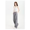 Casual Women's Bow Embroidered Striped Suit Relaxed Gray High Waist Draped Wide Leg Pants