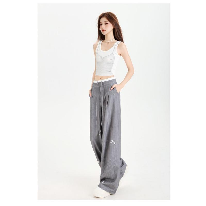 Casual Women's Bow Embroidered Striped Suit Relaxed Gray High Waist Draped Wide Leg Pants