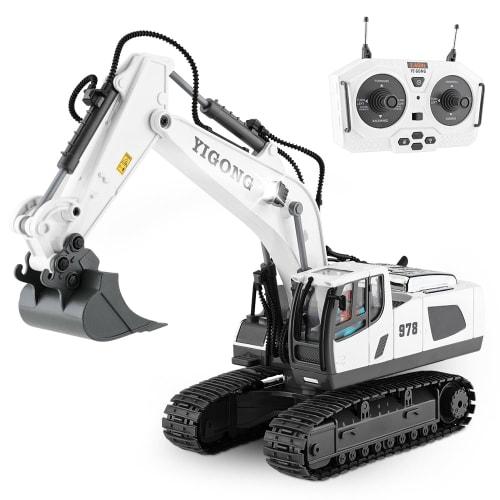 iKing Remote Control Excavator Car Toy - 2.4GHz Excavator with Alloy Bucket, LED Lights, 360/680 Swivel, Construction Vehicle for Beaches, Sandboxes