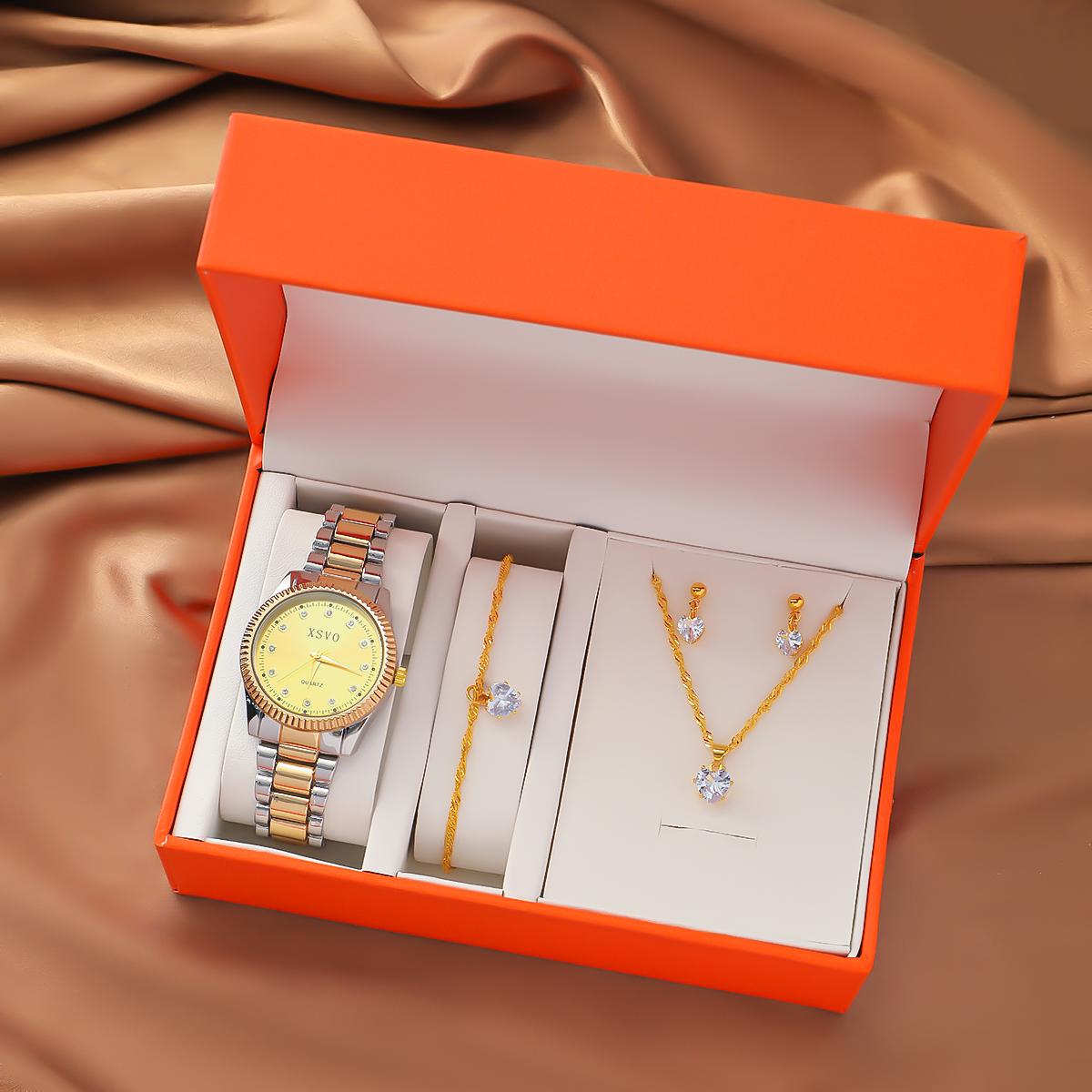 

Gift box free hot selling steel strip simple classic watch with zircon jewelry 4-piece set золотой
