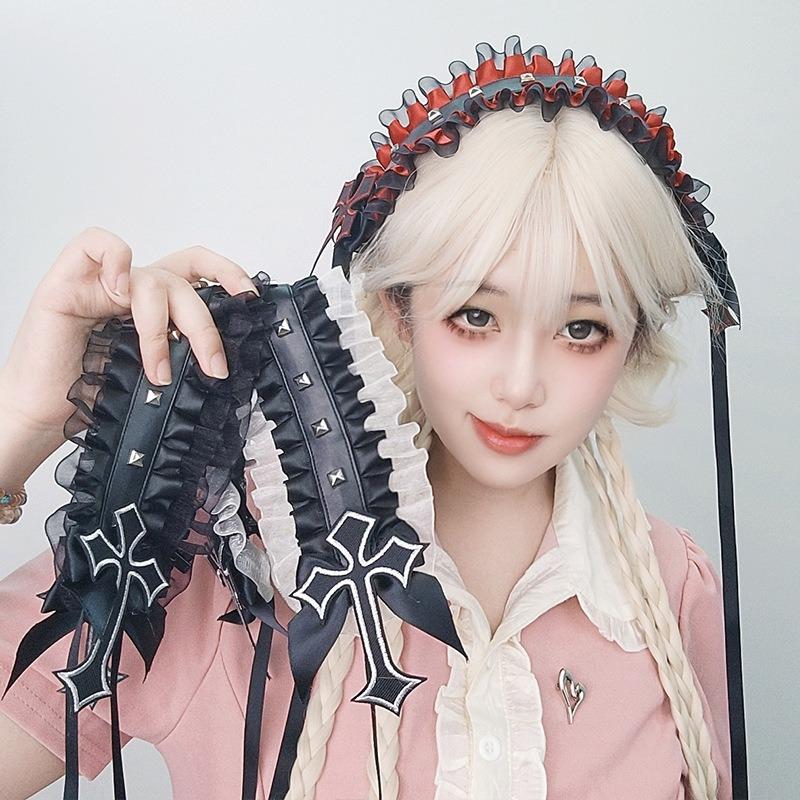 Dark gothic punk rivet headband subculture yk niche headgear lace rivet cross versatile hair accessories