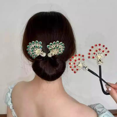 Hair Clip Peacock Phoenix Calla Shape Shiny Rhinestones Inlaid Hair Claw Hand-Embroidered Bun Maker