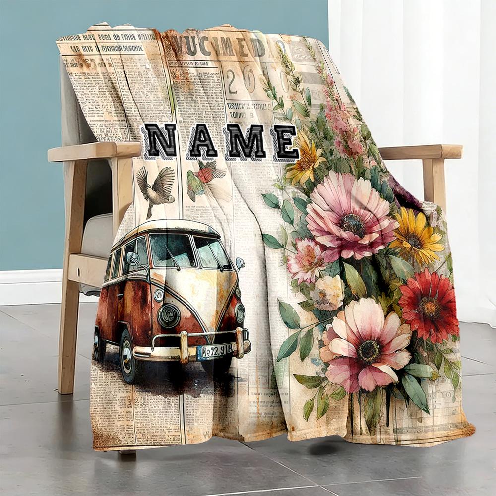 Bus Flowers Personalized Text Blanket Multi-purpose Personalized Blanket Comfortable for Office Bedding Seaside Living Room Four Seasons Multipurpose