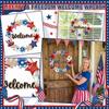 Welcome Sign Wreath with Patriotic Elements and Artificial Flowers for Front Door Wall Hanging Indoor Outdoor Decor
