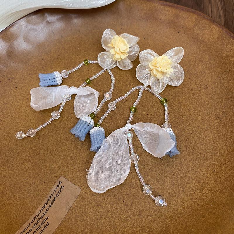 Silver Needle Fabric Flower Glass Fringed Earrings Medium Antique Temperament Stud Earrings Design Sense Niche Earrings